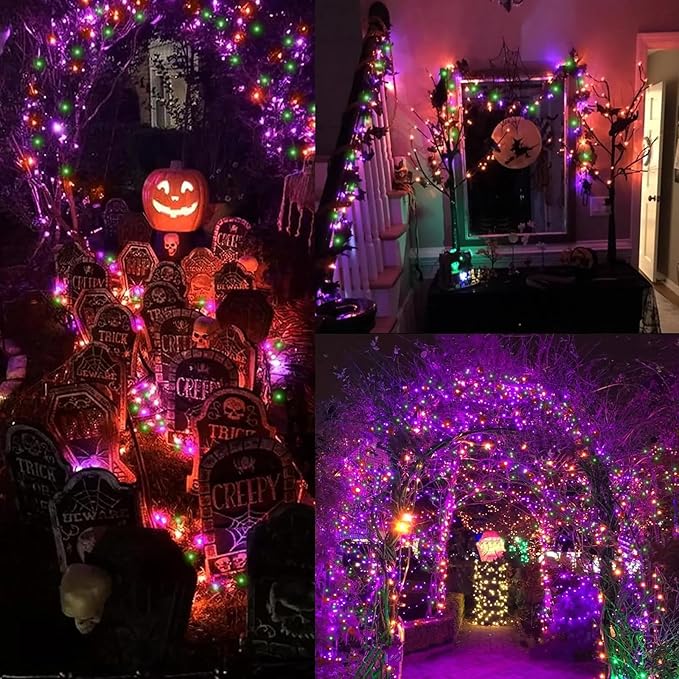 LAMPHOME 33ft Halloween Decorative Mini Lights, 100 LED Clear Wire Fairy Starry String Lights Plug in, 16Lighting Modes for Halloween Outdoor Party Decoration (Orange/Purple/Green)