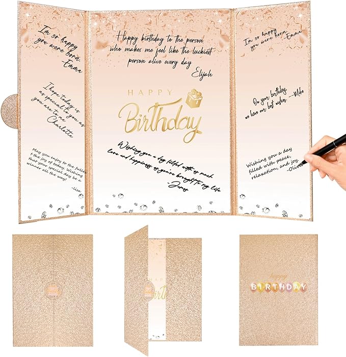 Crenics Champagne Gold Birthday Decorations for Women, Creative Birthday Guest Sign in Book Alternative, Happy Birthday Signature Book 18" x 12", Awesome Birthday Gifts for Girls