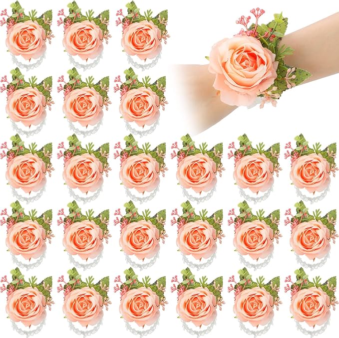 Jexine 12 Pcs Rose Wrist Corsage Bracelets Wedding Bridal Wrist Artificial Flower Wristband Flower Hand Decor for Bride Bridesmaid Homecoming Prom Party Decor(Pink Elegant)