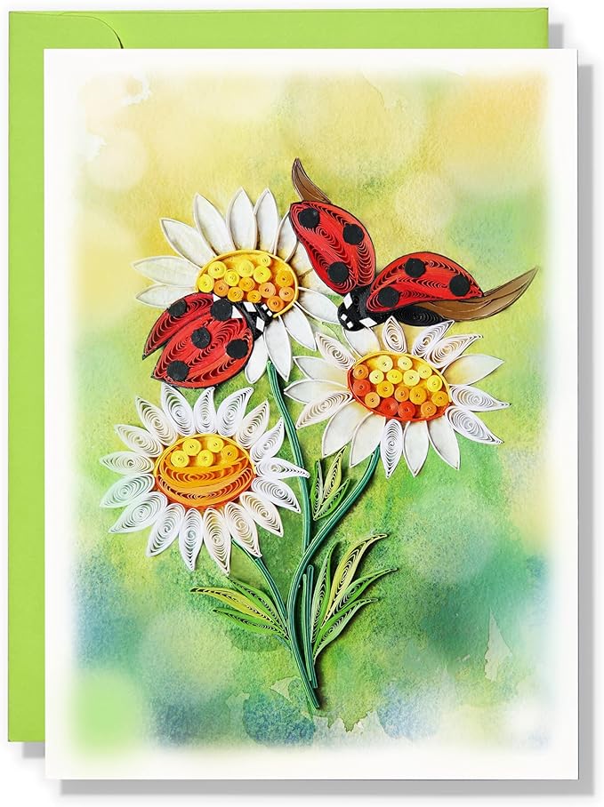 Mother's Day Card, White Daisy and Ladybug Greeting Card, Animals Quilled Quilling Birth Month Flower Born in April, for Mom, Grandma, Daughter (White Daisy and Ladybug)