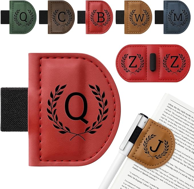 Personalized Bygone Mark Bookmark with Pen Holder,Engraving Leather Magnetic Bookmarks Vintage 26 Letters Name Initials Text Book Marker Clips Gifts for Reading Book Lovers Women (Red, Q)
