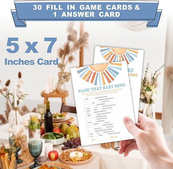Name That Baby Song Baby Shower Game Kit - Watercolor Retro Sun - 30 Double-Sided Fill In Game Cards For Baby Shower, Gender Reveal Party Favor, Activity & Supplies - D09
