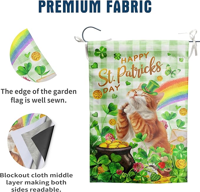 Orange Cat St Patricks Day Garden Flag Cat St Patrick's Day Yard Flags for Outside 12x18 Double Sided Buffalo Plaid Shamrock Flag Small Outdoor Rainbow St Patrick's Decor