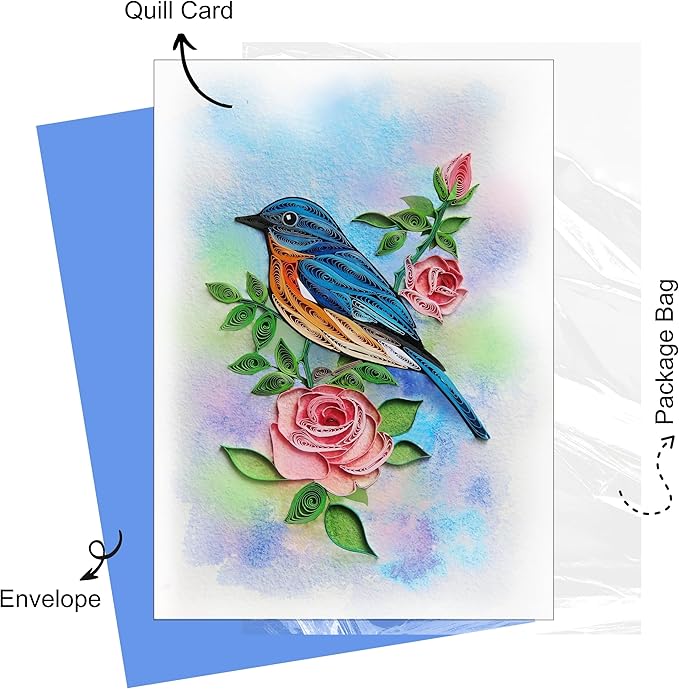 Mother's Day Card, Pastel Rose and Bird Quilling Card, June Birth Month Flower Card, Cute Animals Card, Quilled Birthday Greeting Card for Mom, Grandma, Daughter (Pastel Rose and Bird)