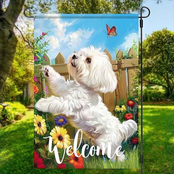 HOMETITUTE Welcome Spring Summer Flowers Maltese Dog Garden Flag Lovely Floral Seasonal Home Decor Banner 12x18 Double Sided Funny Dog Garden Flag Farmhouse Outdoor Yard Decoration Flag