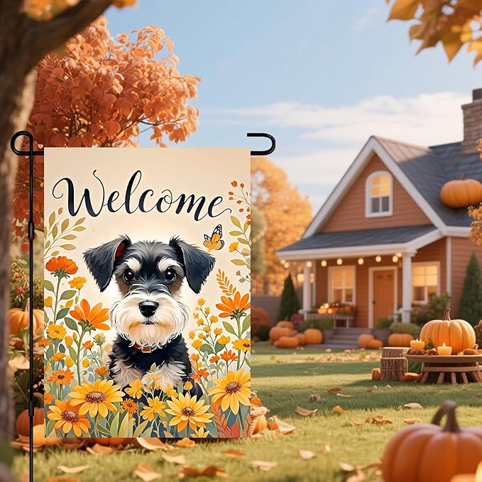 BlissYard Thanksgiving Fall Garden Flag 12x18 Inch Welcome Schnauzer Dog Outdoor Flag Double Sided Yard Banner with Orange Wildflowers and Butterfly for Porch Lawn Patio Fall Harvest Decor