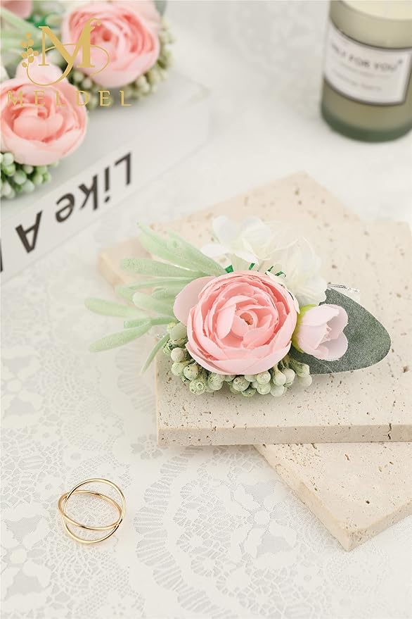 Meldel Pink Rose Wrist Corsages for Wedding - Set of 6, Bride, Bridesmaid, Girls & Prom Flowers - Hand Flowers for Party & Wedding Homecoming