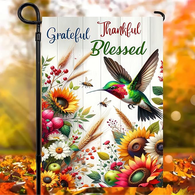 BlissYard Grateful Thankful Blessed Garden Flag 12x18 Inch Double Sided Yard Flag with Hummingbird and Sunflower Design for Spring Summer Outdoor Farmhouse Lawn Porch Decoration