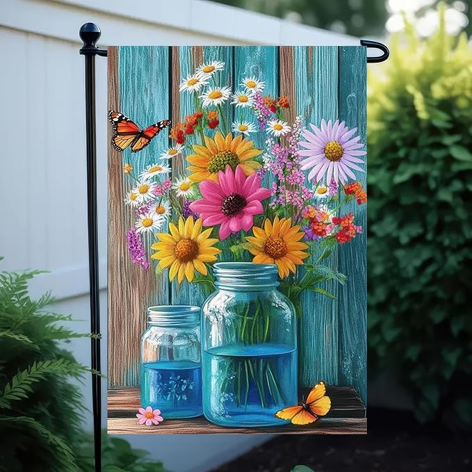 BlissYard Welcome Spring Garden Flag Double Sided 12x18 Inch Spring Summer Garden Flags Wildflowers In Mason jars Spring Garden Flag Seasonal Rustic Yard Lawn Holiday Outdoor Decor Banner