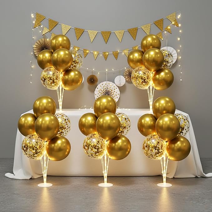 6 Set Balloon Stand Table Centerpieces with LED Lights for Party Decor, Balloons Centerpieces for Table, Balloon Stand Kit for Graduation Decorations 2025, Weddings, Birthday Decoration (Gold)