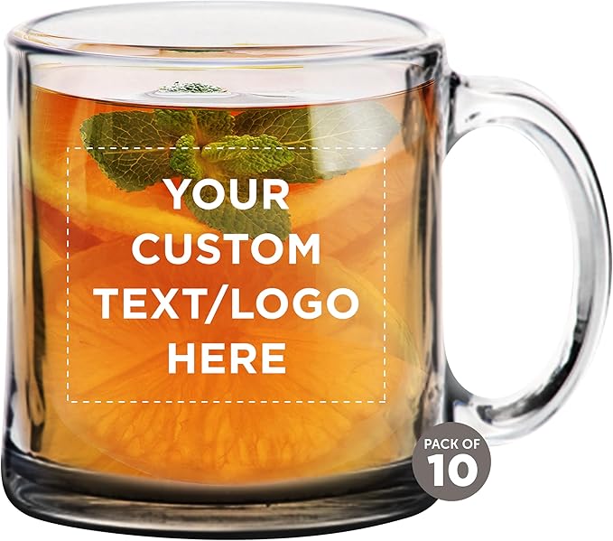 Custom Libbey Clear Glass Coffee Mugs 13 oz. Set of 10, Personalized Bulk Pack - Perfect for Coffee, Tea, Espresso, Hot Cocoa, Other Beverages - Black Bottom