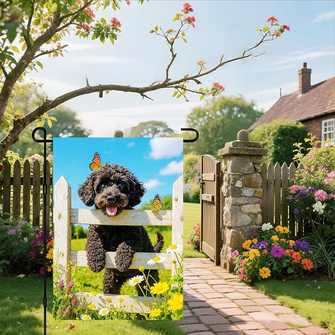 IVN Spring Garden Flag 12x18 Inch Double Sided Curly Brown Dog and Butterfly Scene Outdoor Yard Flag for Outside Front Door Lawn Porch Patio Welcome Decor