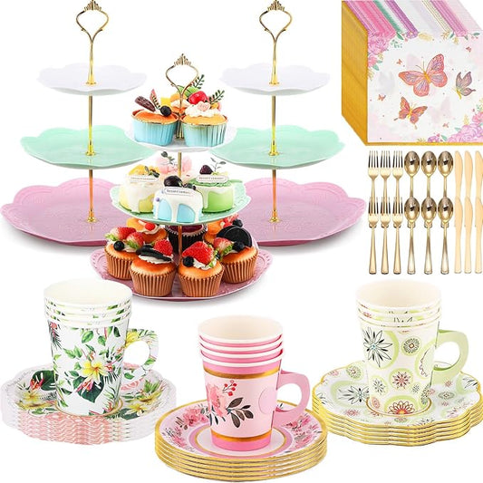 Layhit 83 Pcs Floral Tea Party Set for Girls Disposable Vintage Tableware with 3-Tier Cake Stand, 12 Serves Paper Cups and Saucers, Plates, Napkins, Cutlery for Birthday, Baby Shower