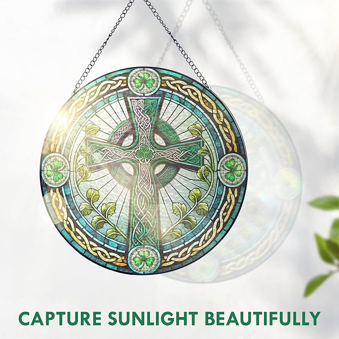 FLAGWIX Irish Gifts for Women Men - 100% Stained Glass Hanging Suncatcher 8 in - Birthday Irish Decorations for Family Friends, Celtic Cross Home Decor, St Patricks Day Decorations