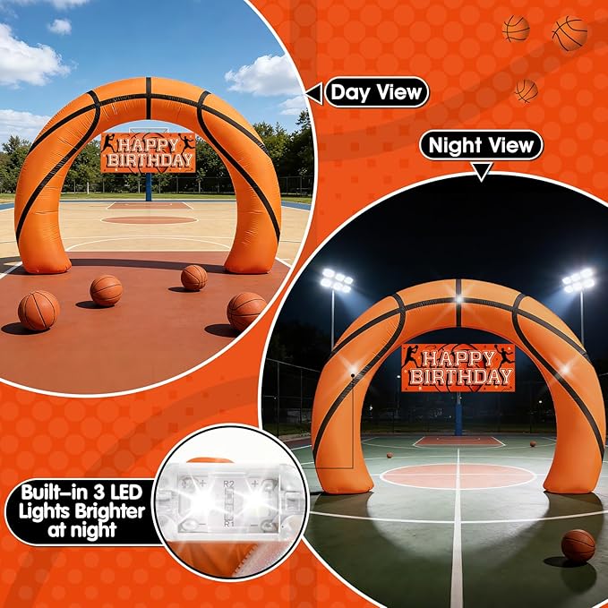 8FT Giant Basketball Inflatable Arch, Basketball Party Decorations with Game Day Banner 1Blower & Built-in 3LED Lights for Team Coach Stadium Photos Backdrop Senior Night & Birthday Blow-Up Decor