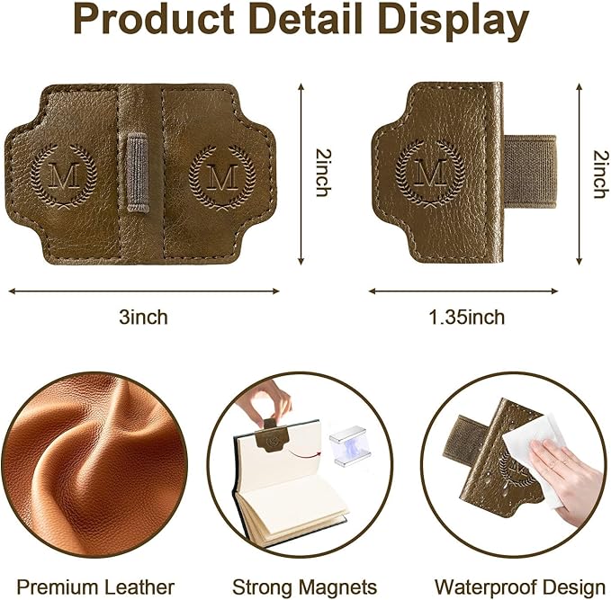 BygoneMark Magnetic Leather Bookmark with Pen Holder, Personalized Custom Initial Page Marker & Pen Clip, Professional Book Accessory for Students (Dark Brown-V)
