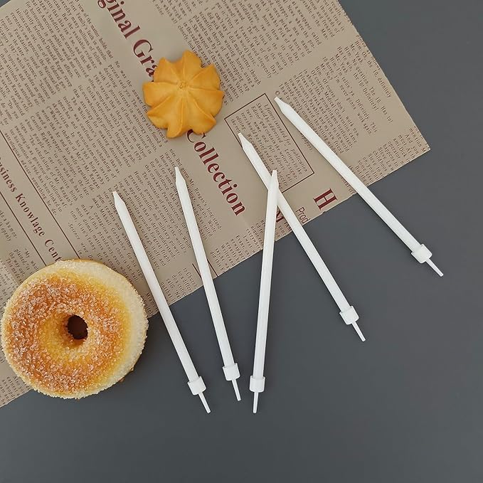 Long Thin White Birthday Candles for Cake Topper 24 Counts with Holders Cake and Cupcake Decorations (24, Pure White)