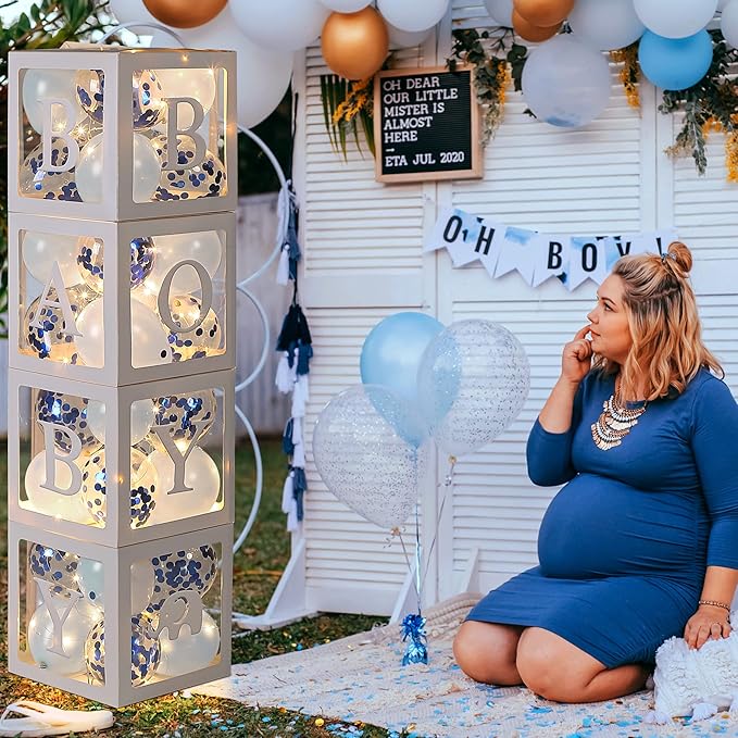 Baby Shower Balloon Box Decorations, 4 Pcs Baby Blocks Transparent Balloon Boxes with “BABY GIRL” Letters, 4 Pack Led Fairy String Lights and 40 Pcs Latex Balloons for Gender Reveal Backdrop(Blue)