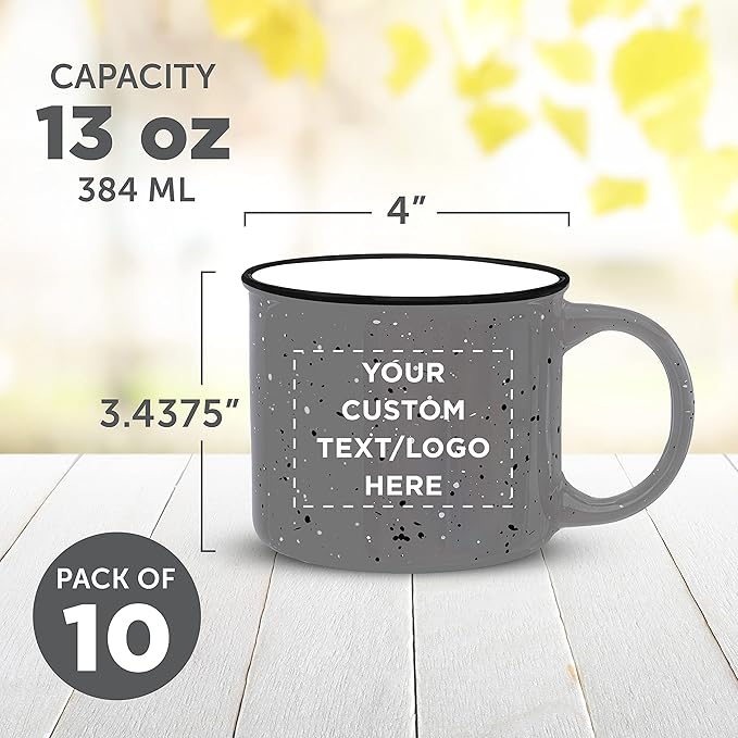 DISCOUNT PROMOS Custom Ceramic Campfire Coffee Mugs 13 oz. Set of 10, Personalized Bulk Pack - Perfect for Tea, Espresso, Cappuccino, Hot Cocoa - Grey
