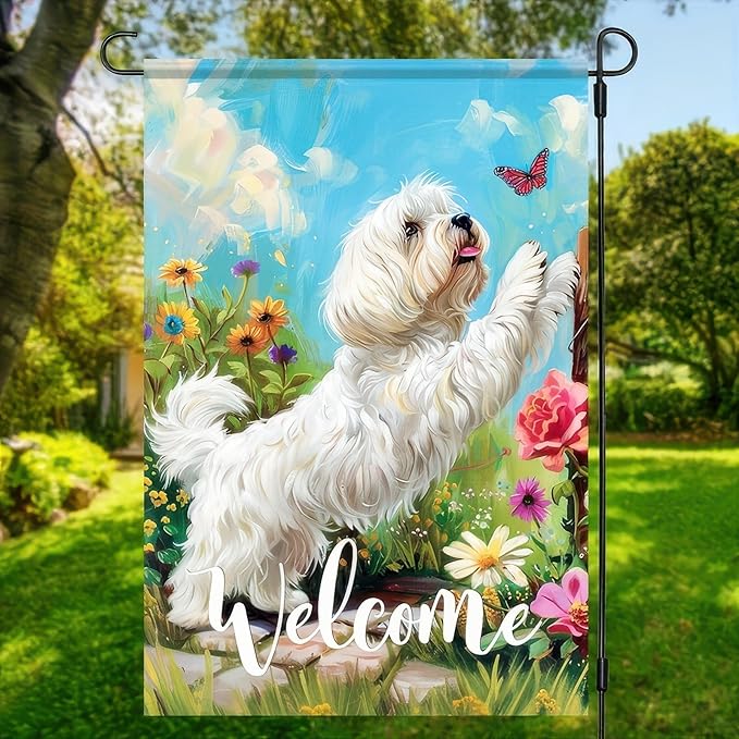 BlissYard Welcome Spring Summer Garden Flag Maltese Dog Flag 12x18 Double Sided Flowers Floral Seasonal Home Decor Banner Farmhouse Outdoor Yard Decoration Flag