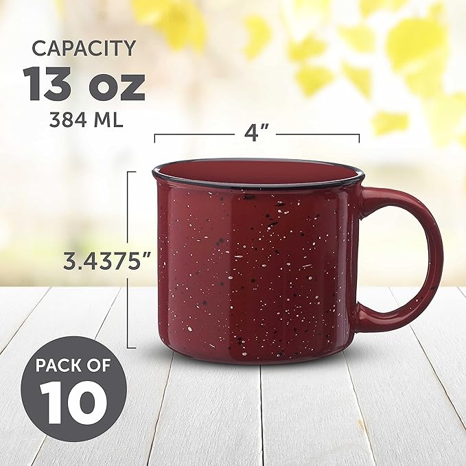 DISCOUNT PROMOS Ceramic Campfire Coffee Mugs 13 oz. Set of 10, Bulk Pack - Perfect for Tea, Espresso, Cappuccino, Hot Cocoa - Maroon