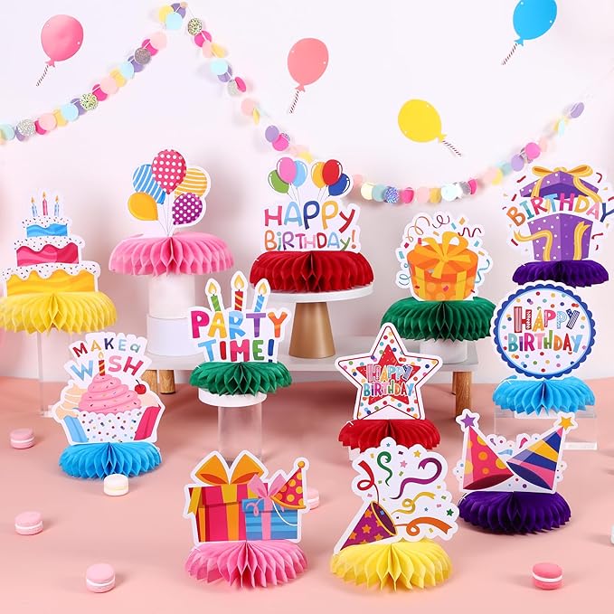 12 Pieces Birthday Table Decorations Colorful Happy Birthday Table Centerpieces Party Honeycomb Centerpieces Table Toppers for Kids Party Supplies