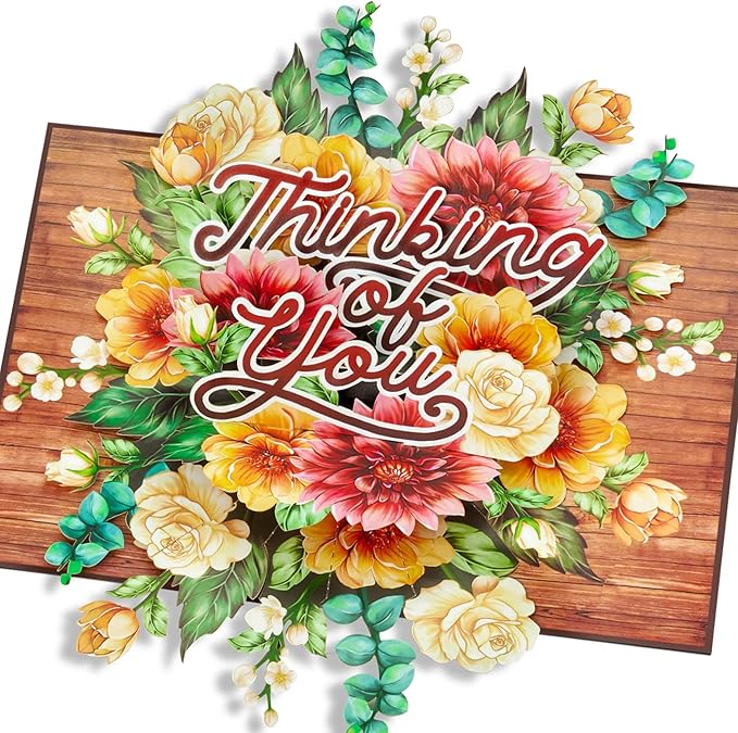 Floral Thinking Of You Pop Up Card, Rustic Flowers, 3D Cards, Gifts for Birthday, Anniversary, Valentines Day, Mom, Wife, Her, 5x7 - Includes Envelope And Message Note