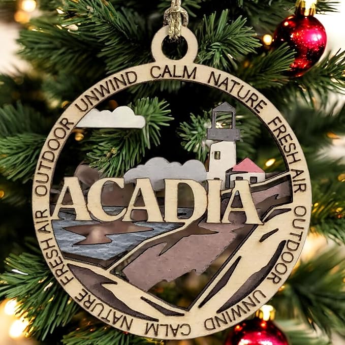 Acadia National Park Lighthouse - 3" Round Wood Christmas Ornament, Handmade in USA, 2-Layer Laser Cut with Color Artwork