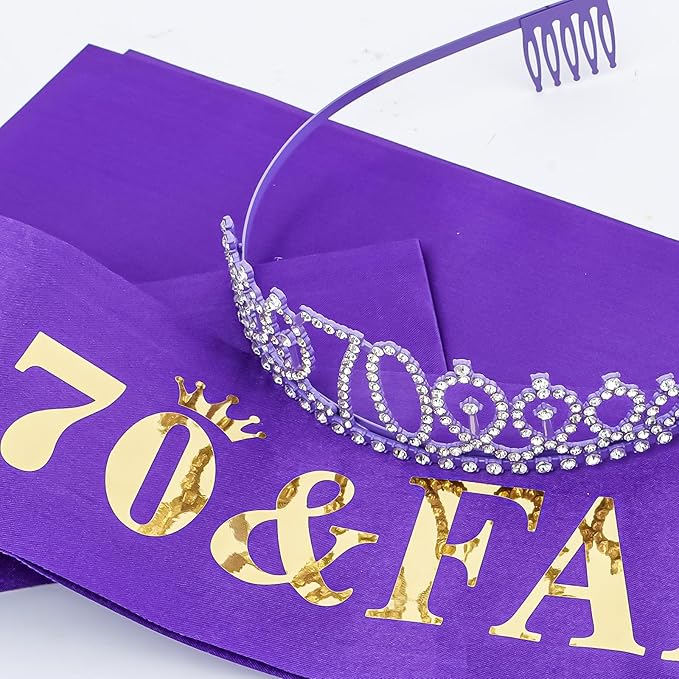 Casoty Purple 70th Birthday Sash and Tiara, 70th Birthday Decorations for Women, 70 & Fabulous Sash and Crown Set, Birthday Party Supplies for Women, Gifts for Her