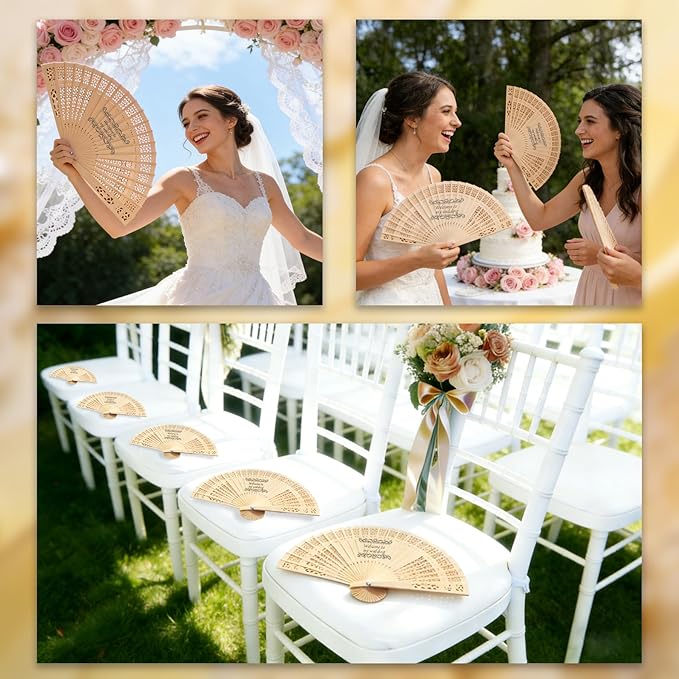 MOSADO Personalized Wedding Fans for Guests, Custom Foldable Sandalwood Fans Bulk with Organza Bags and Tassels, Unique Bridal Shower Party Favors Wedding Favors for Guests (30)