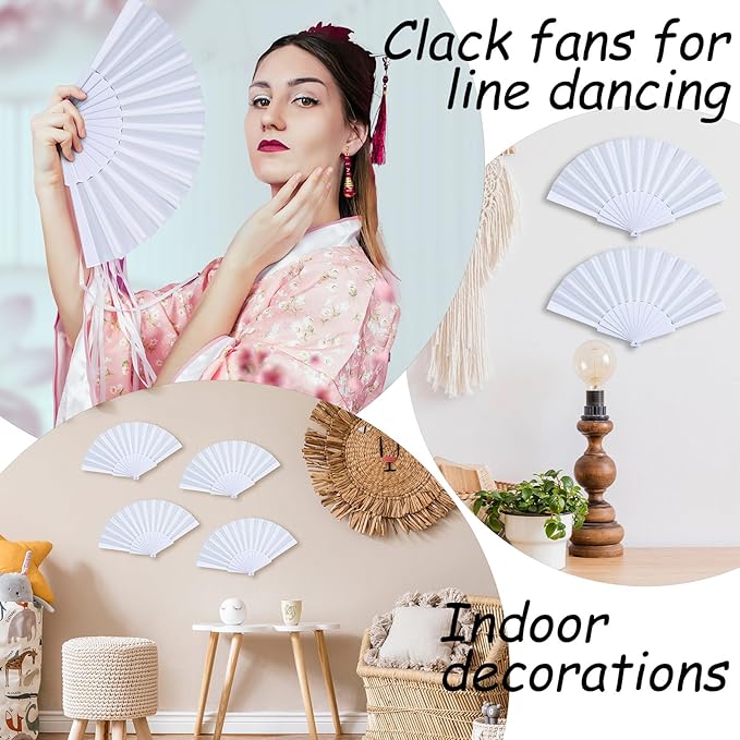 Wenqik 80 Pcs Wedding Folding Hand Fans Bulk Silk Fabric Chinese Handheld Foldable Clack Fans with Plastic Ribs for Party, Wedding Gifts, Line Dancing, Home Decorative (White)