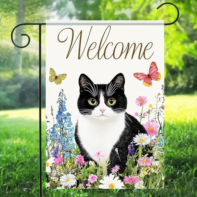 BlissYard Spring Welcome Black White Cat Garden Flag 12×18 Inch Double Sided Small Black Cat Flower Floral Garden Yard Flags for Spring Summer Outside Outdoor House Seasonal Decoration Flag