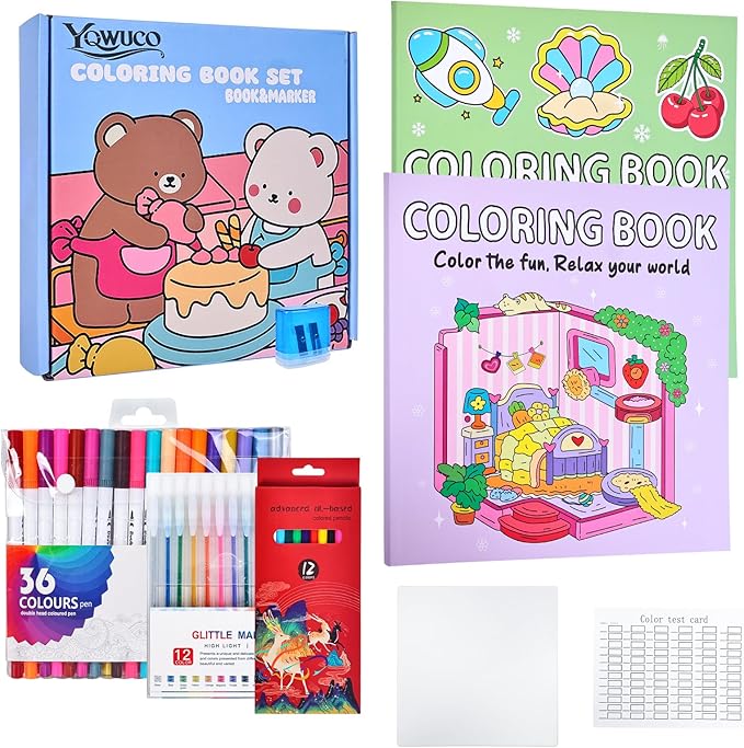 Coloring Book Set for Adults and Teens,Cute Coloring Book for Adults Relaxation with 60 Colored Markers, Anxiety Relief Gifts with 80 Patterns Included Animal Spaces