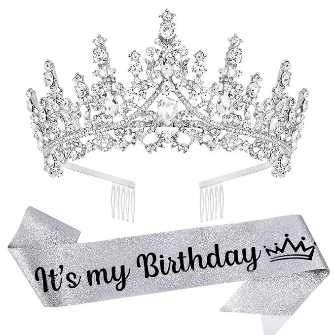 VELSCRUN Silver Crystal Birthday Tiara Crowns for Women Girls It's My Birthday Sash Queen Girls Princess Crown with Combs Happy Birth Party Decorations Mom Sisters Birth Gift Hair Accessories