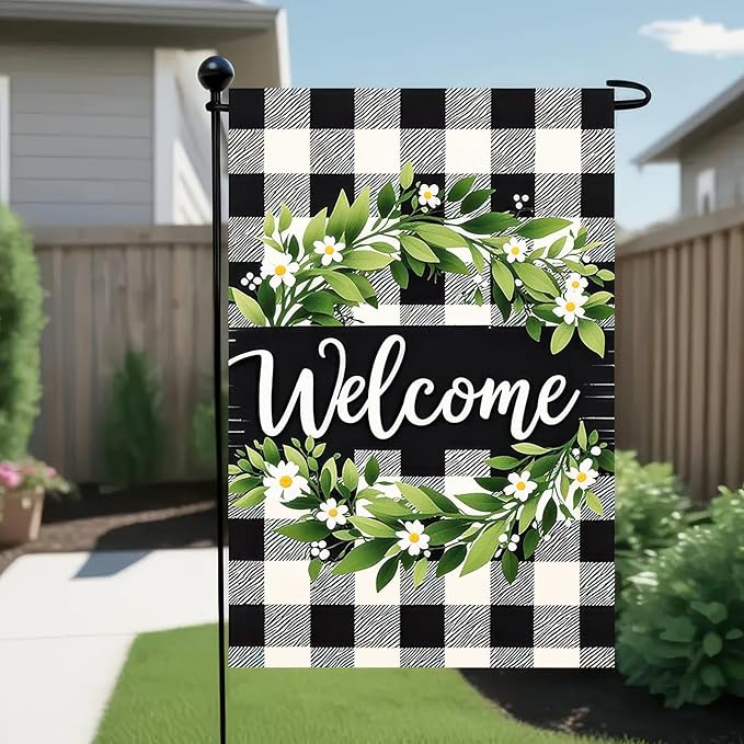 HOMETITUTE Welcome Spring Garden Flag 12x18 Double Sided Black and white Grid Seasonal Small Flags For Outside Outdoor Decor Yard Farmhouse Holiday Spring Summer Decorations Yard Flags