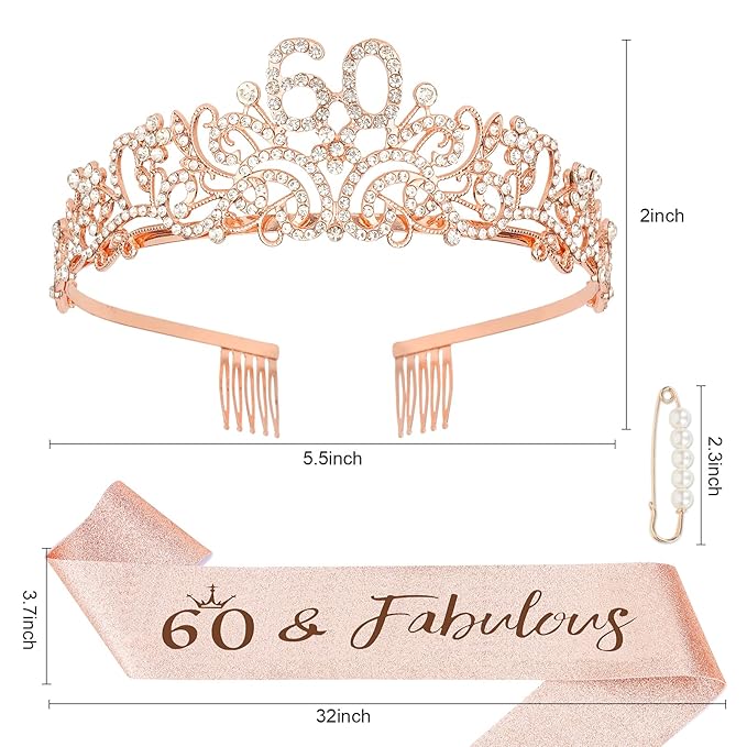 Semato Rose Gold 60th Birthday Tiara and Sash Glitter Kit for Women - Glamorous Celebratory Birthday Crown and Sash - Rhinestone, Alloy, Party Supply Packs