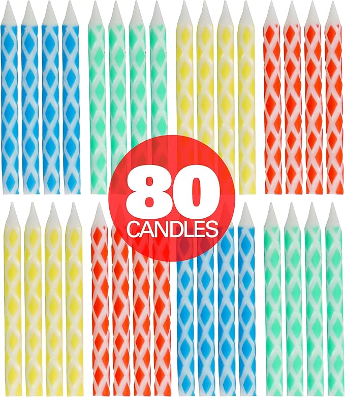 Birthday Candles Multicolored Diamond 80-Count, Birthday Candles for Cake, Cupcake Candles, Party Celebration