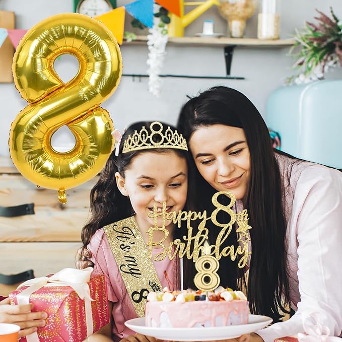 8th Birthday Decorations for Girl with 8th Birthday Sash and Tiara, Candles and Cake Topper, Number Balloons, 8 Year Old Girl Gifts