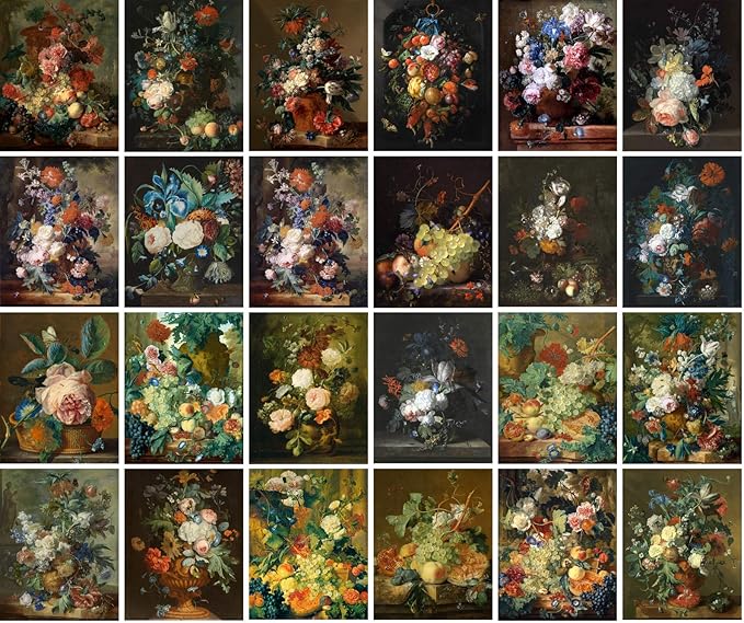 PIXILUV Vintage PostCards 24 pcs AMAZING GARDEN FLOWERS STILL LIFE Antique Museum Painting Art BY Jan Retro Poster REPRINT