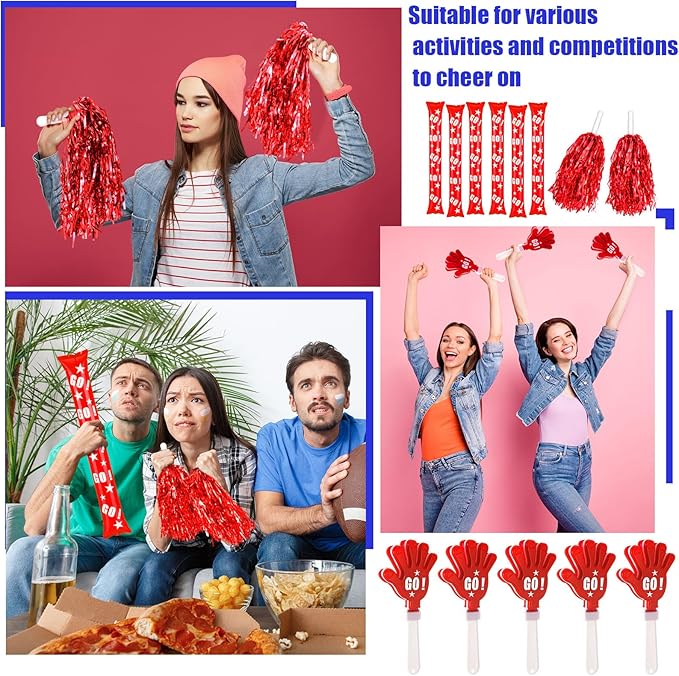 Hungdao 60 Pcs Noise Makers Homecoming Football Favors Include 24 Thunder Sticks Cheer Sticks 12 Hand Clapper 24 Cheerleading Pom Poms for Sporting Events Pep Rally Supplies(Red)