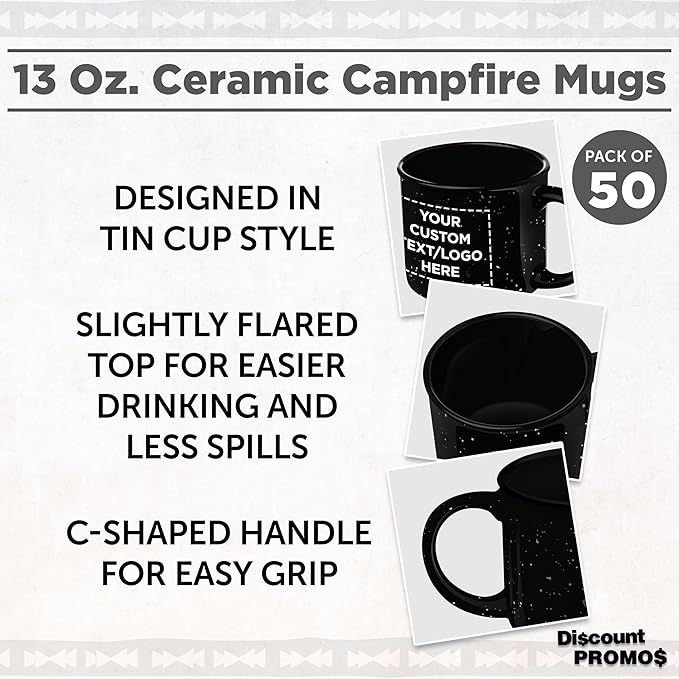 DISCOUNT PROMOS Custom Ceramic Campfire Coffee Mugs 13 oz. Set of 50, Personalized Bulk Pack - Perfect for Tea, Espresso, Cappuccino, Hot Cocoa - Black