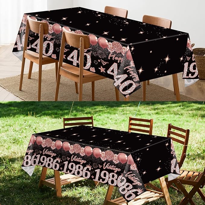 2pcs 40th Birthday Tablecloth, Black Rose Gold 40th Birthday Decorations for Woman Vintage 1986 Table Cloth Plastic Rectangular Table Cover Happy 40 Anniversary Party Supplies