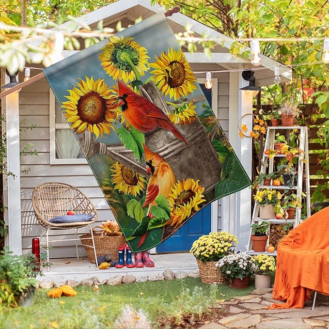 Hzppyz Spring Summer Sunflower Cardinal House Flag Double Sided, Red Bird Garden Yard Outdoor Large Burlap Flag, Fall Farmhouse Home Decoration 28x40