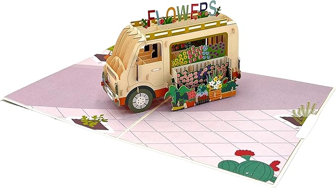 Pop Up Greeting Card Blooming Flower Van Adventure Floral Vehicle Nature Lover Classic Spring Theme Unique Gift for Any Occasion