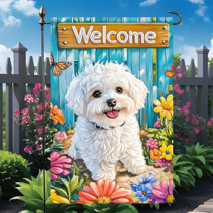 BlissYard Bichon Frise Welcome Garden Flag Double Sided 12x18 Inch Spring Summer Garden Flag Puppy Flower Butterfly Dog House Yard Lawn Outdoor Patio Decoration Banner