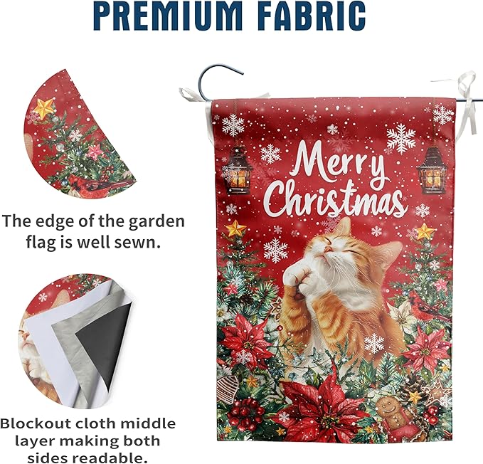 Christmas Cat Garden Flag Merry Christmas Orange Cat Yard Flag for Outside Xmas Flags 12x18 Double Sided Red Poinsettia Garden Flags Winter Porch Outdoor Decor