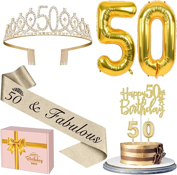 50th Birthday Decorations for Women Gold with 50th Birthday Sash and Tiara, Cake Topper and Candles, Number Balloons, 50 Year Old Gifts for Women