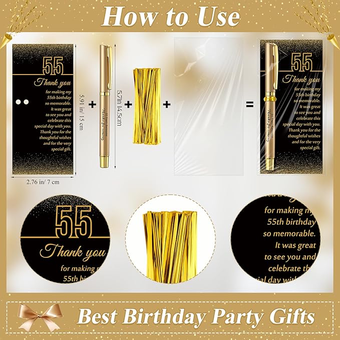 50 Set 55th Birthday Party Favor for Guest Anniversary Party Favor with Black and Gold Ballpoint Pens and Thank You Cards for Women Men Birthday Anniversary Appreciation Gifts