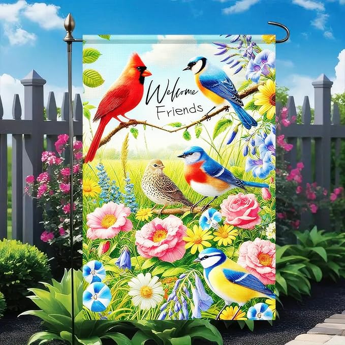 BlissYard Welcome Friends Summer Spring Garden Flag Spring Cardinal Birds Flowers Butterfly Yard Flag Flowers Daisy Hummingbirds Decorative Garden Flag Banner for Outdoor Home Decor Party