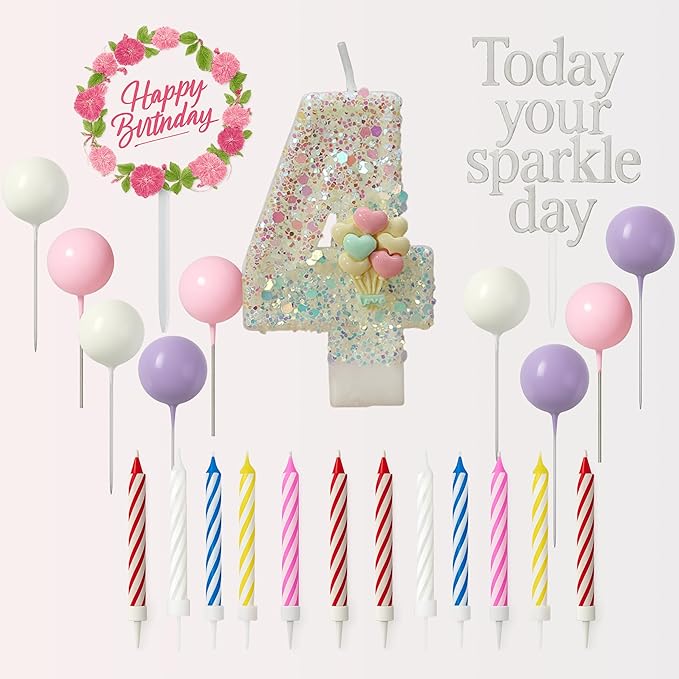 by Tugba Aydan - 4 Number Birthday Candles – 24 Piece Cake Decoration Kit with Number Candle – Party Supplies for Kids Birthday Celebration